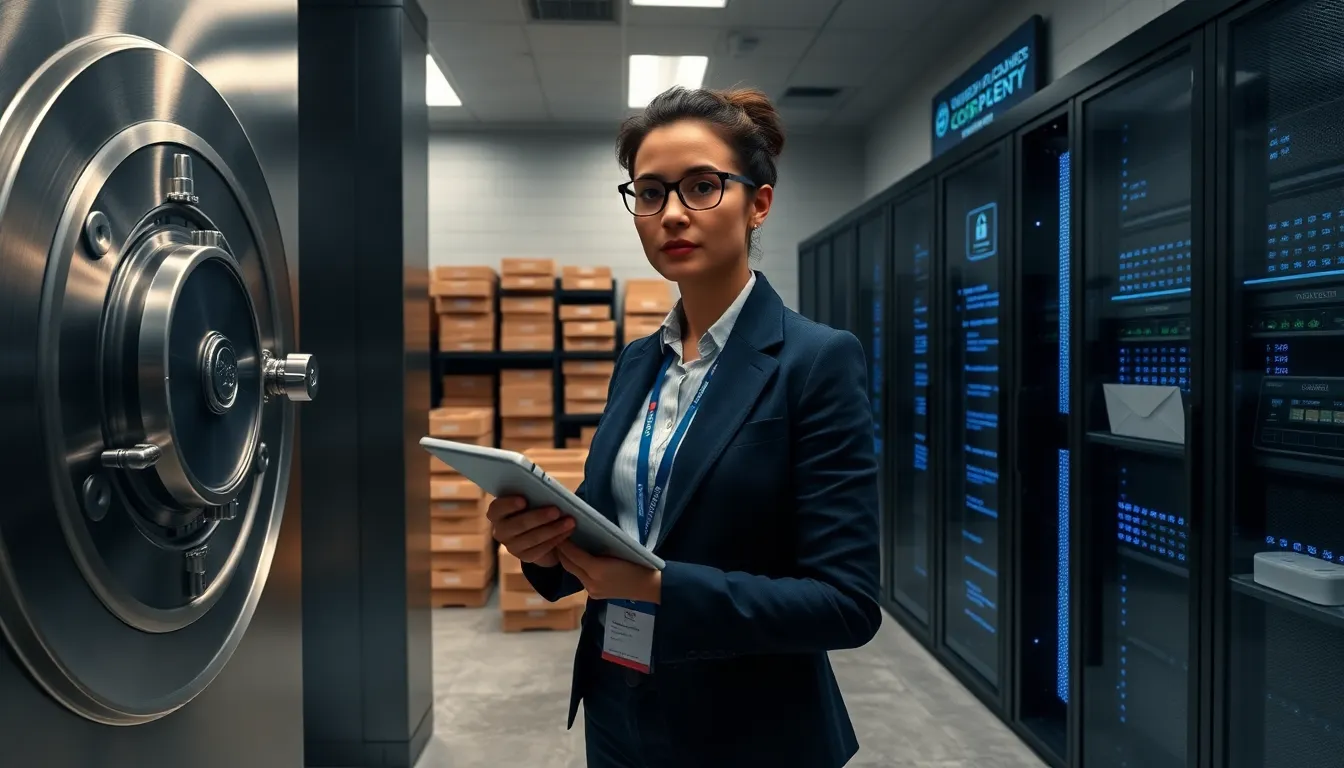 Engineer and auditor inspecting a hybrid physical-digital vault interior.