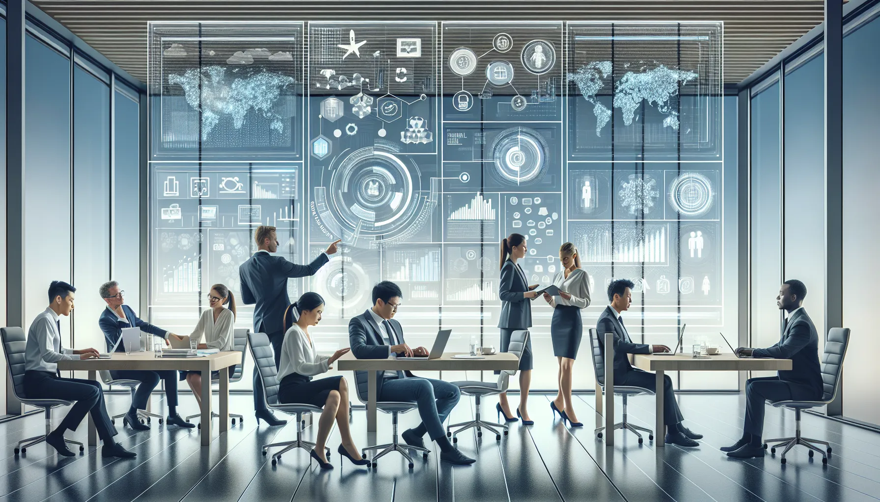 diverse team collaborating in a modern digital workspace.