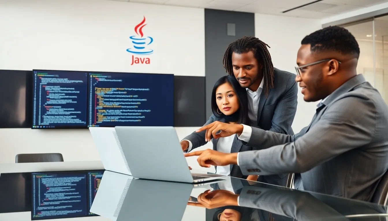 Diverse team collaborating in a modern office on Java programming.