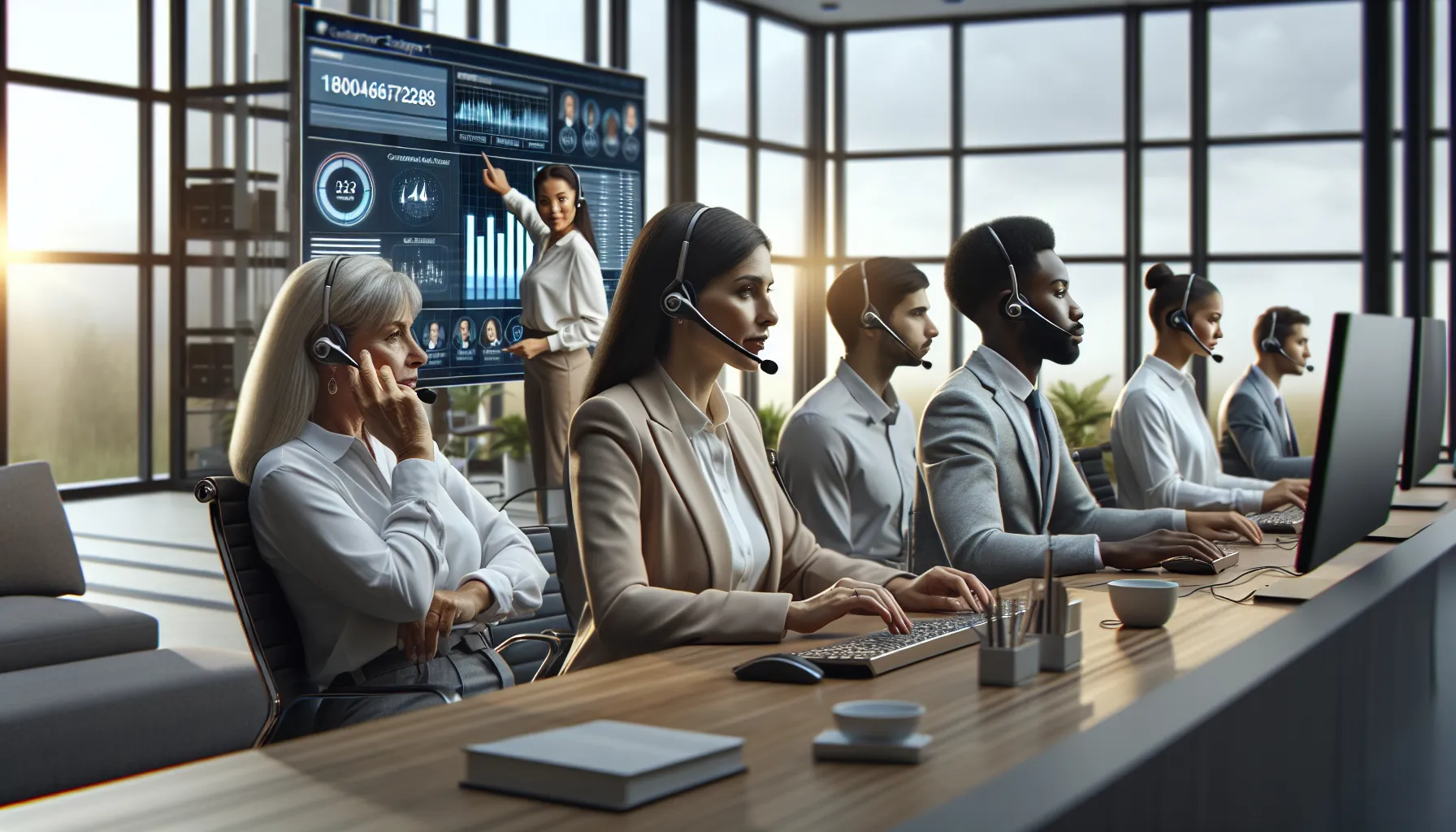customer service representatives assisting clients in a modern office.