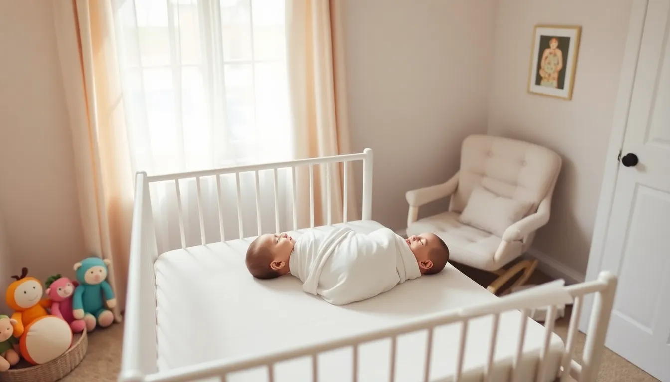 a serene nursery with a swaddled baby in a cozy crib.