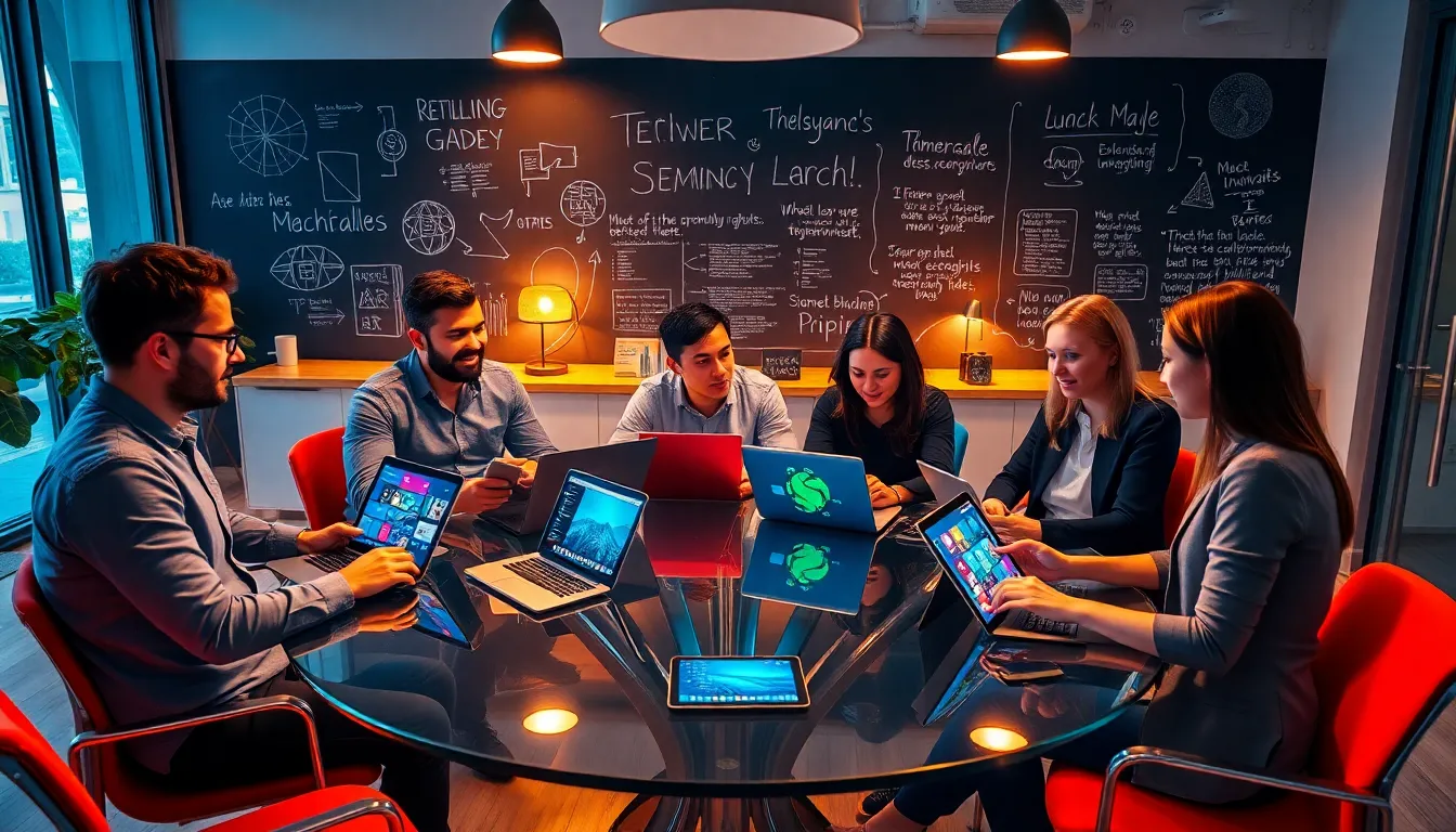 diverse group brainstorming in a modern tech workspace.