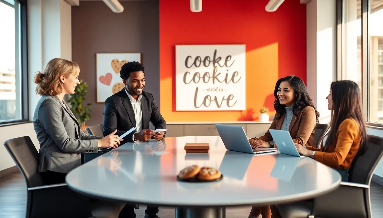 diverse team discussing cookie orders in a modern office.