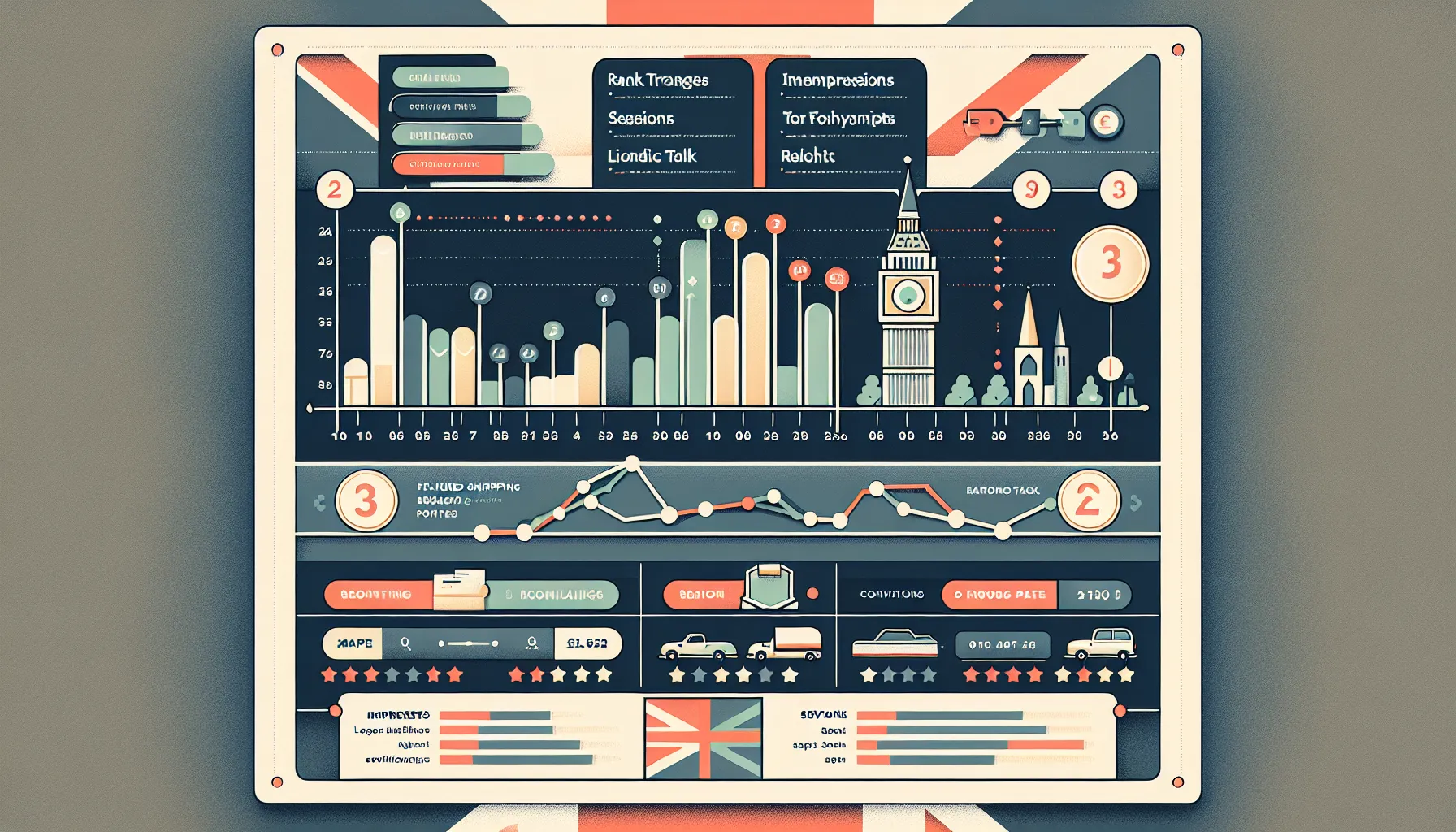 Infographic linking UK keyword rankings, SERP features, and analytics to revenue.