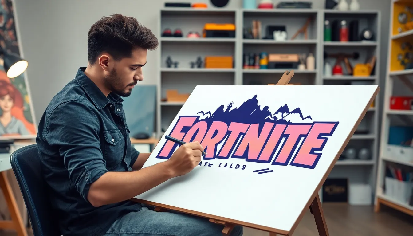 Artist sketching the dynamic Fortnite logo in a modern studio.