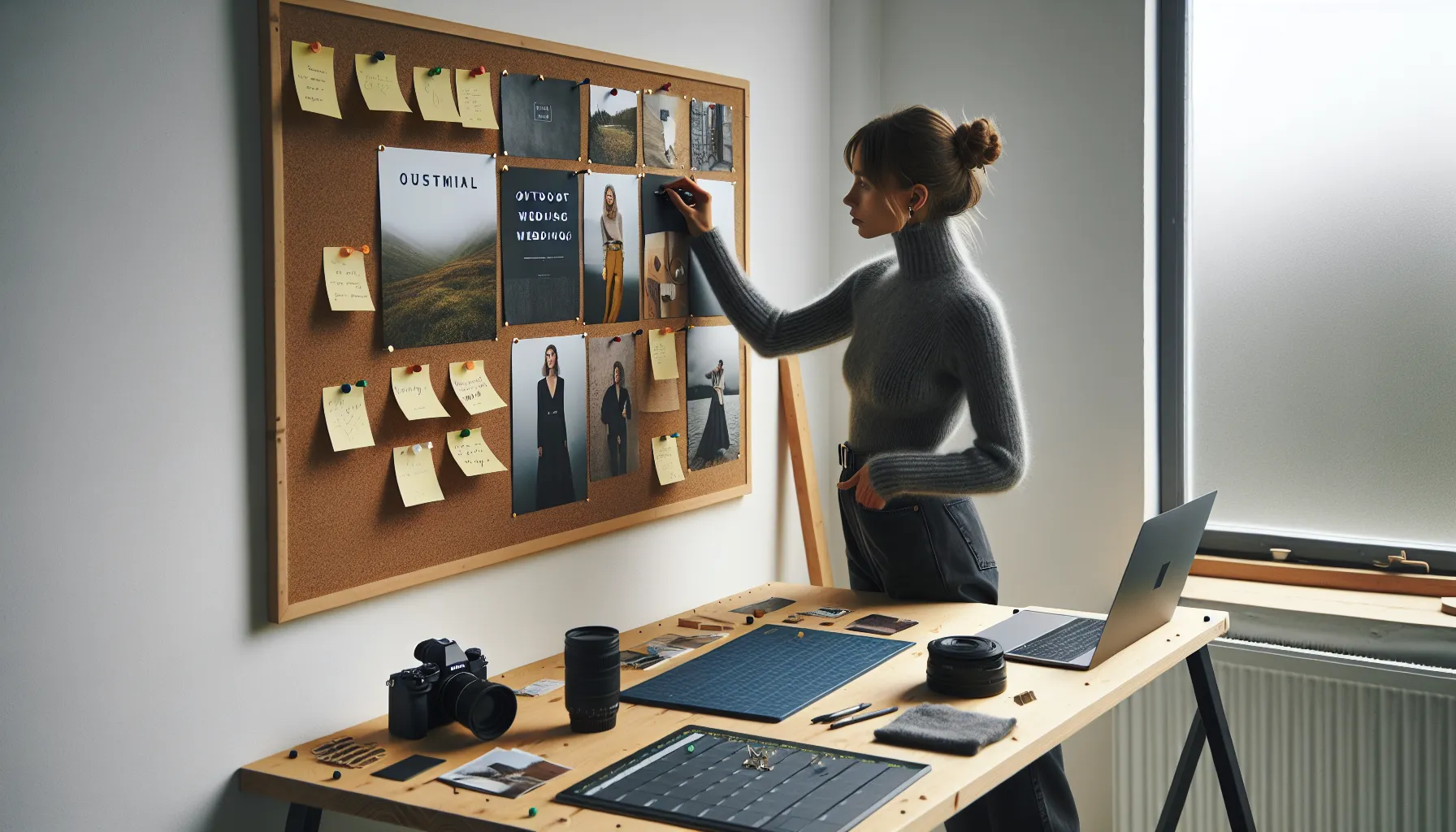 Norwegian photographer arranging niche portfolio prints on a corkboard in oslo studio.