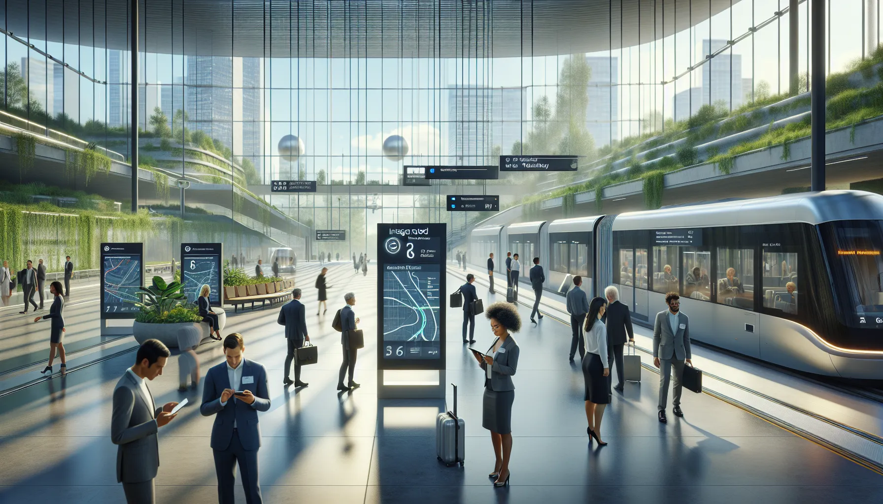 modern train station with diverse travelers using digital ticketing tools.