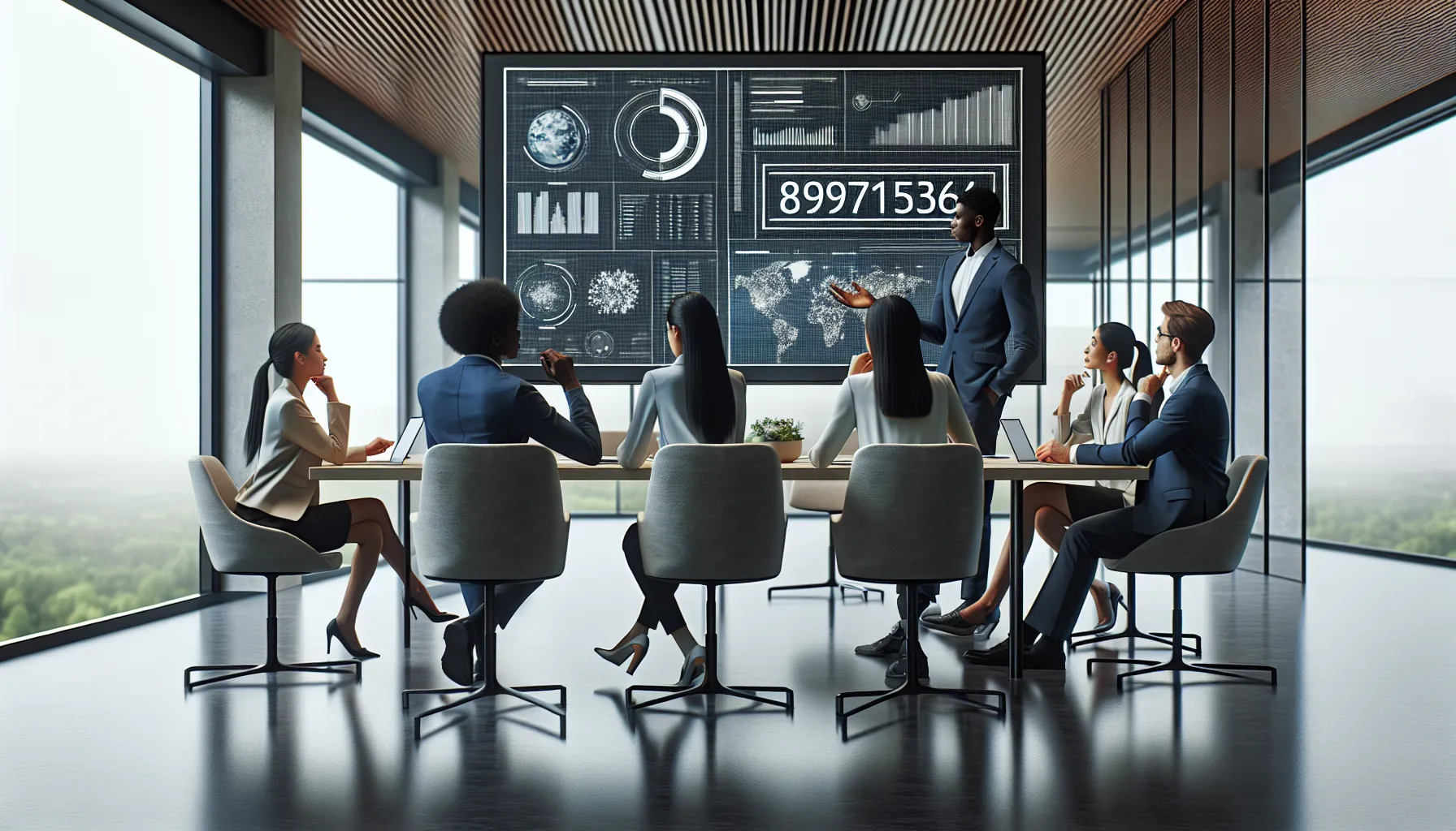 diverse team analyzing data in a modern office setting.