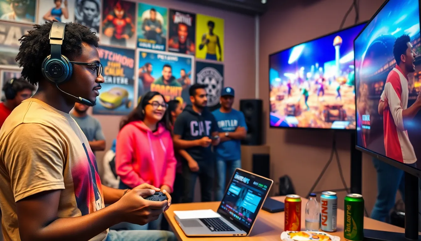 a diverse group of gamers engaging in gaming activities in a lively community space.