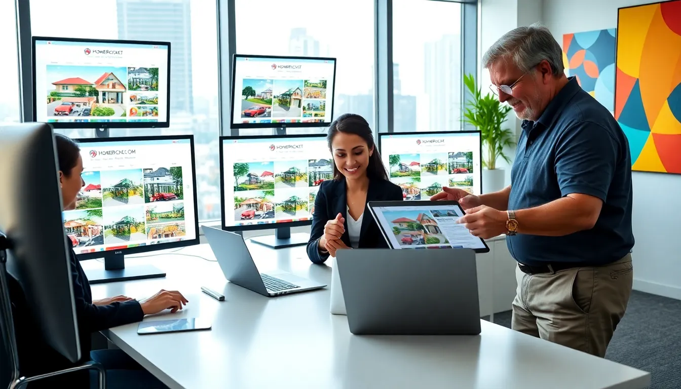 A woman reviewing property listings in a modern office setting.