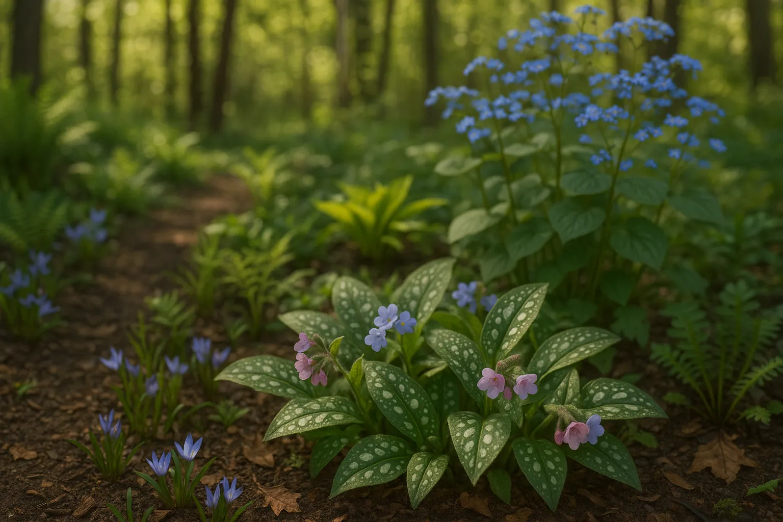 Pulmonaria’s spotted leaves fronting blue-flowering Brunnera in a shaded garden