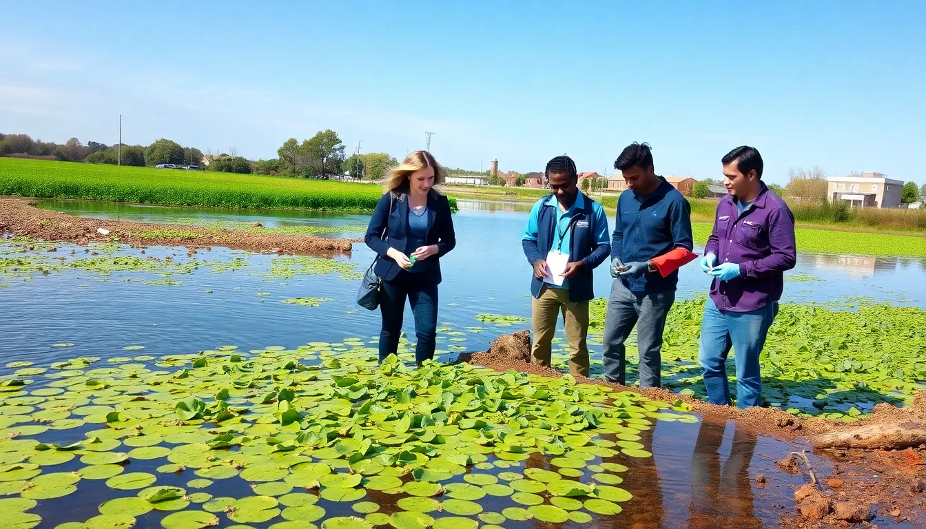 professionals analyzing water samples near an urban waterway.