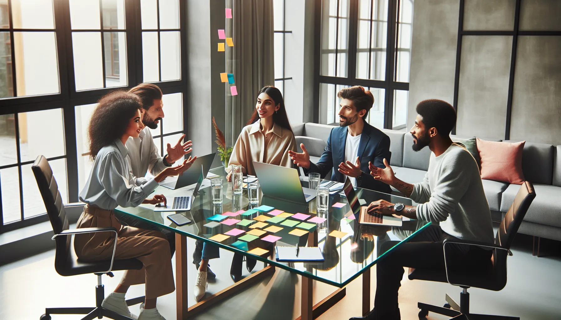 diverse professionals collaborating in a modern office setting.