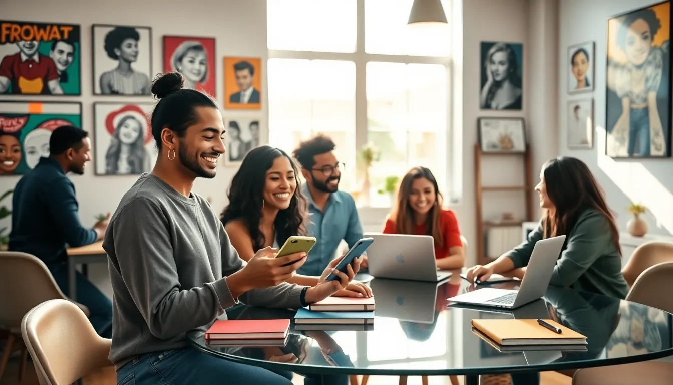 diverse influencers collaborating in a vibrant, creative workspace.