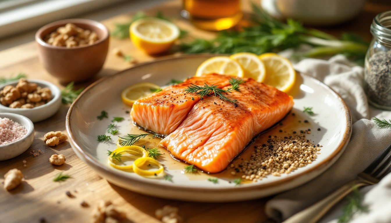 Pan-seared salmon with lemon, ginger, flaxseed, walnuts, and chia on a wooden table.