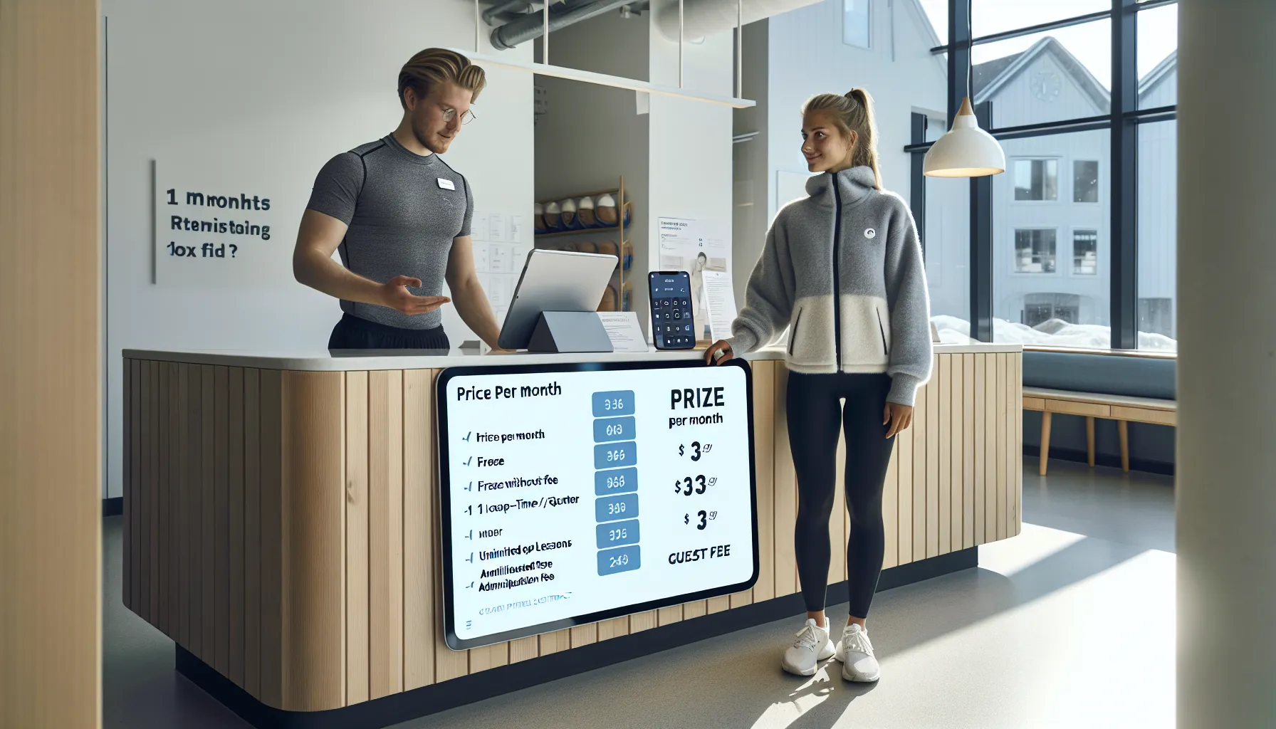 Woman negotiates norwegian gym membership using prioritized list and cost breakdown.