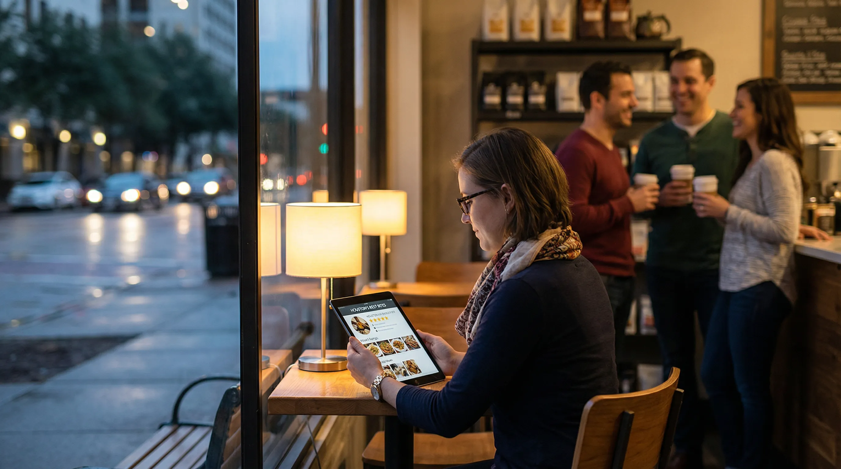 Houston business owner looking at a tablet displaying many positive star ratings as customers socialize inside a warmly lit storefront.