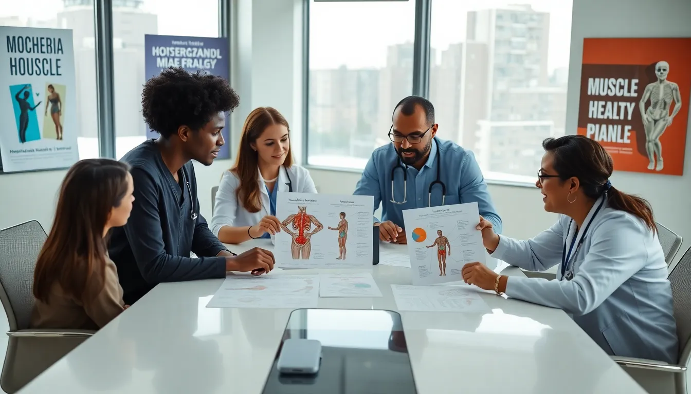 health professionals discussing muscular pain in a modern office.