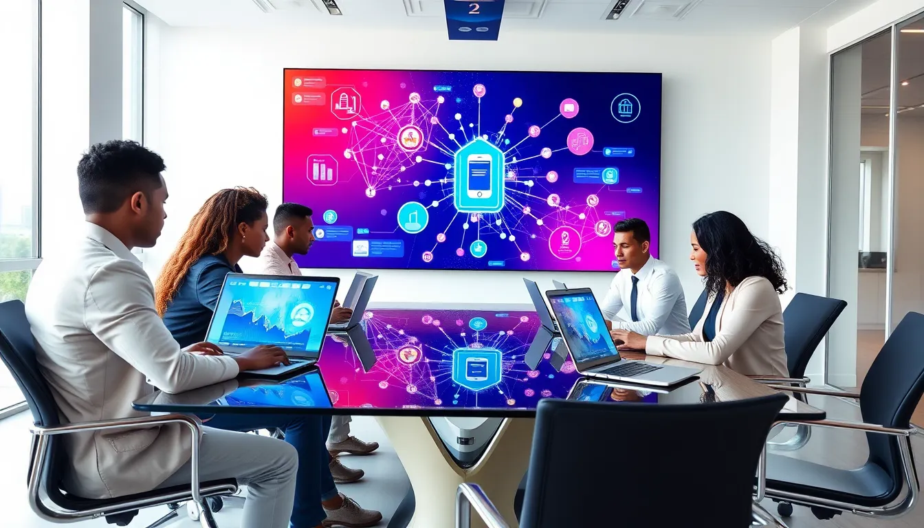 diverse team discussing blockchain technology in a modern office.