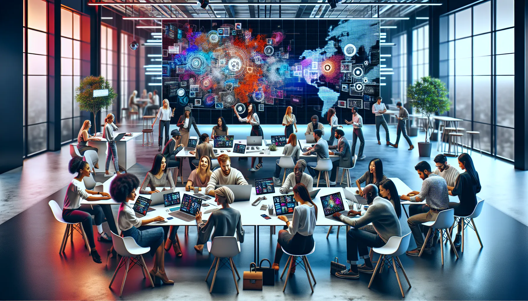 diverse professionals collaborating in a vibrant digital marketplace.