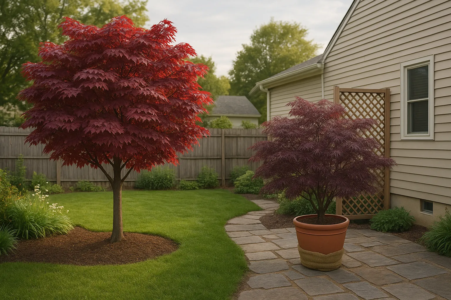 Two Japanese maples side-by-side: taller Bloodgood and compact Atropurpureum in a yard.