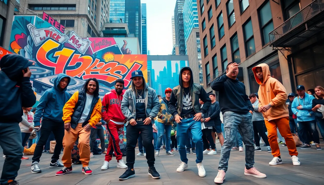 diverse hip-hop artists performing in an urban setting.