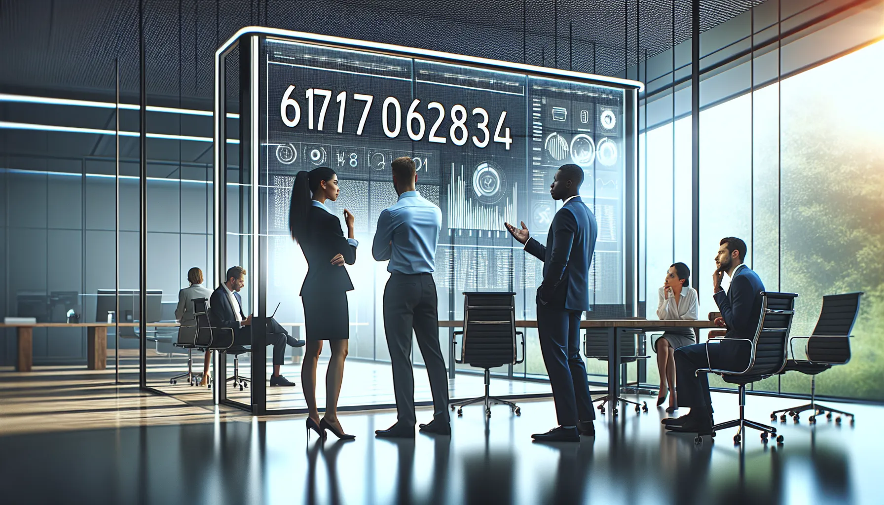 diverse professionals discussing data in a modern office setting.