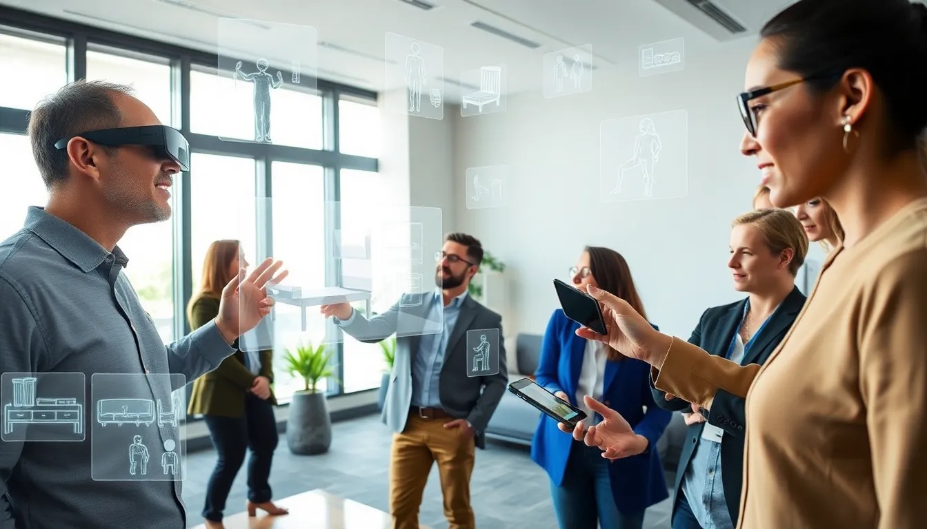 professionals using augmented reality technology in a modern office setting.