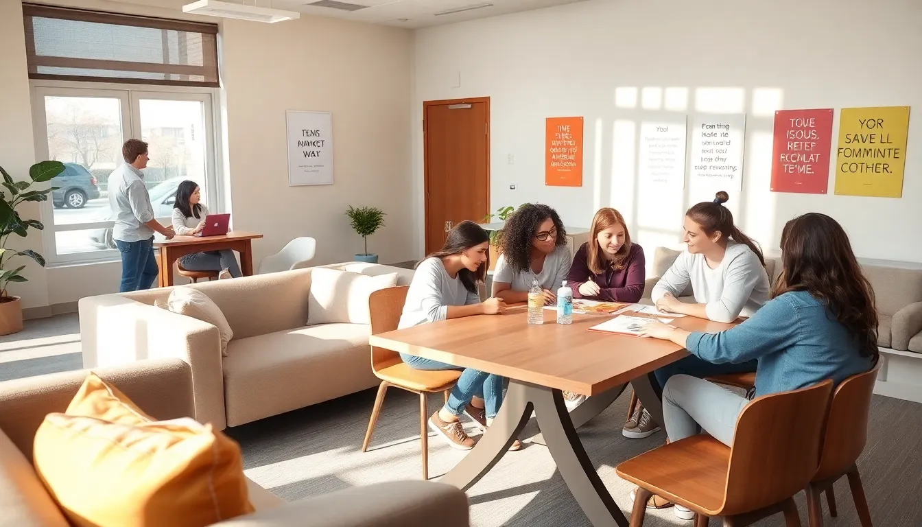diverse teens participating in art therapy in a mental health facility.
