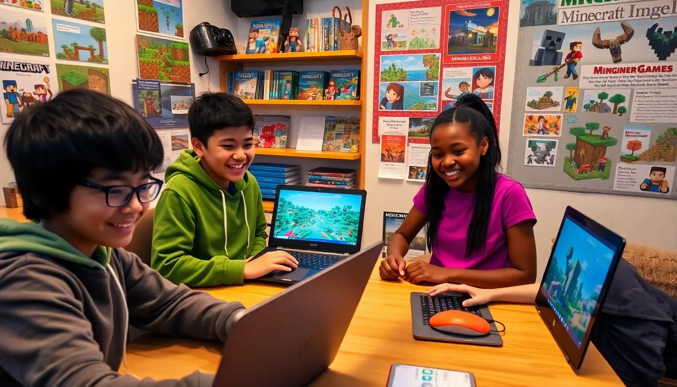 players engaging with laptops in a colorful Minecraft-themed room.