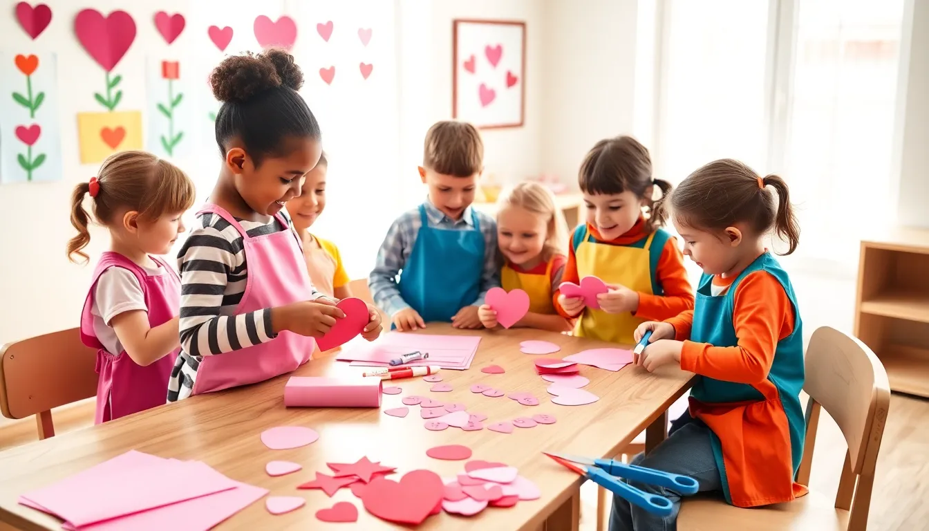 children crafting Valentine's Day projects in a bright classroom.