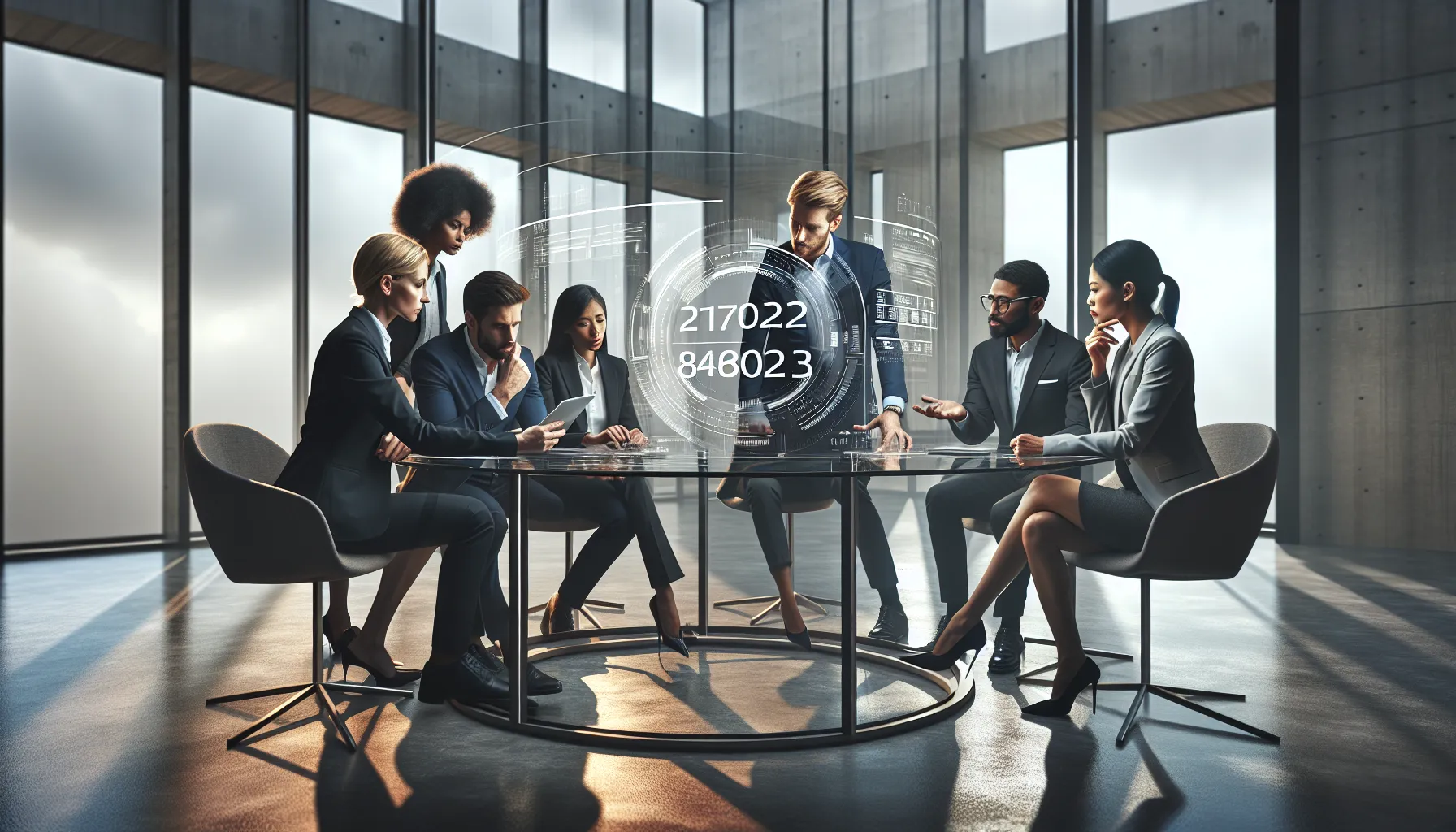 diverse professionals discussing tracking number in a modern office.