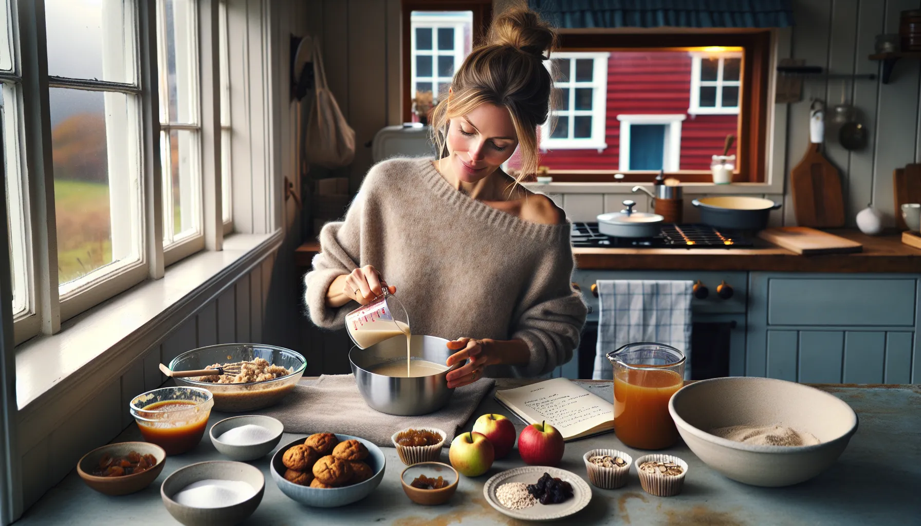 Hvordan bruke frukt i baking for en sunnere vri 2 Norwegian woman baking, replacing part of sugar with mashed fruit in kitchen.