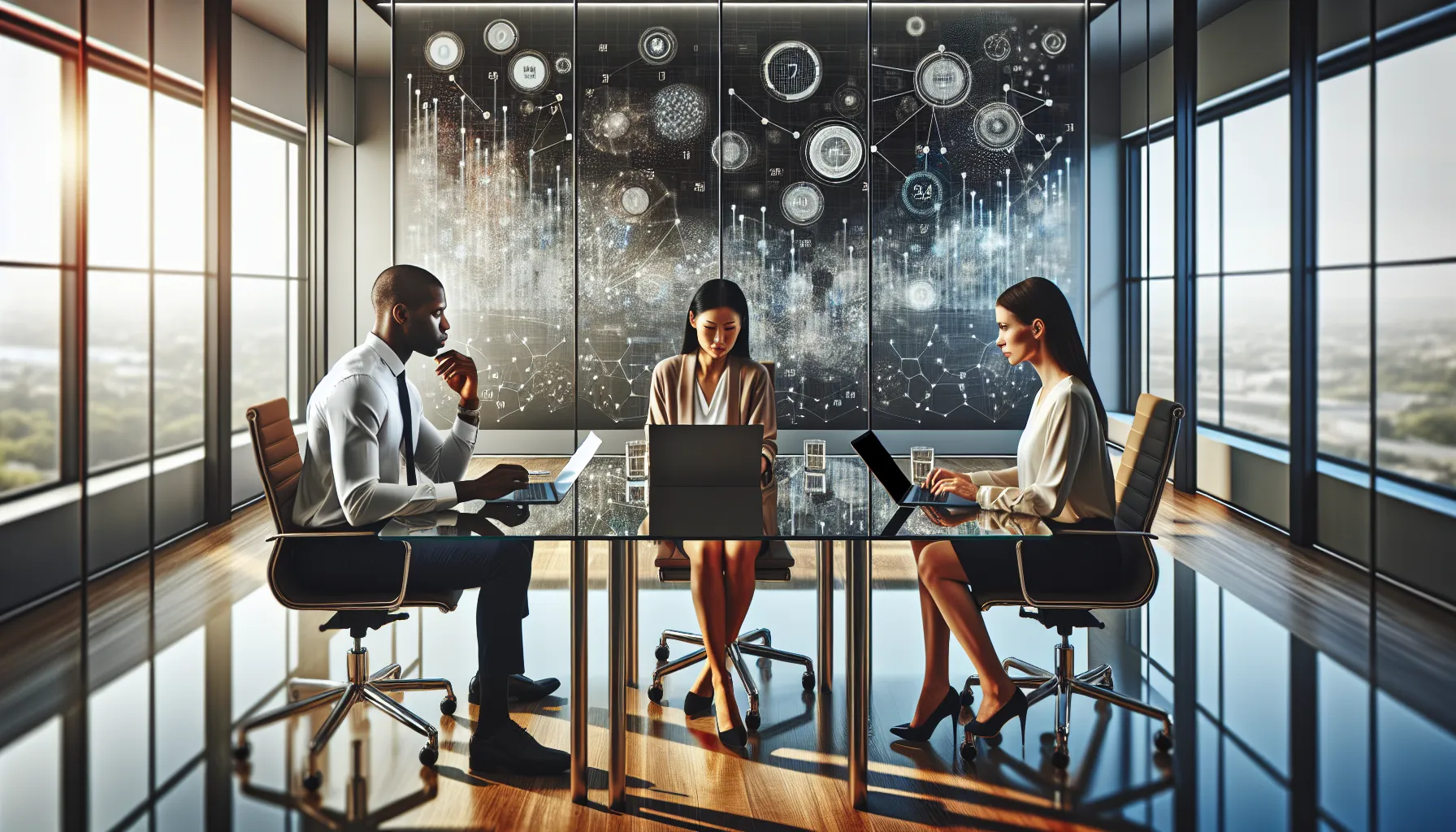 professionals analyzing numerical data in a modern office.