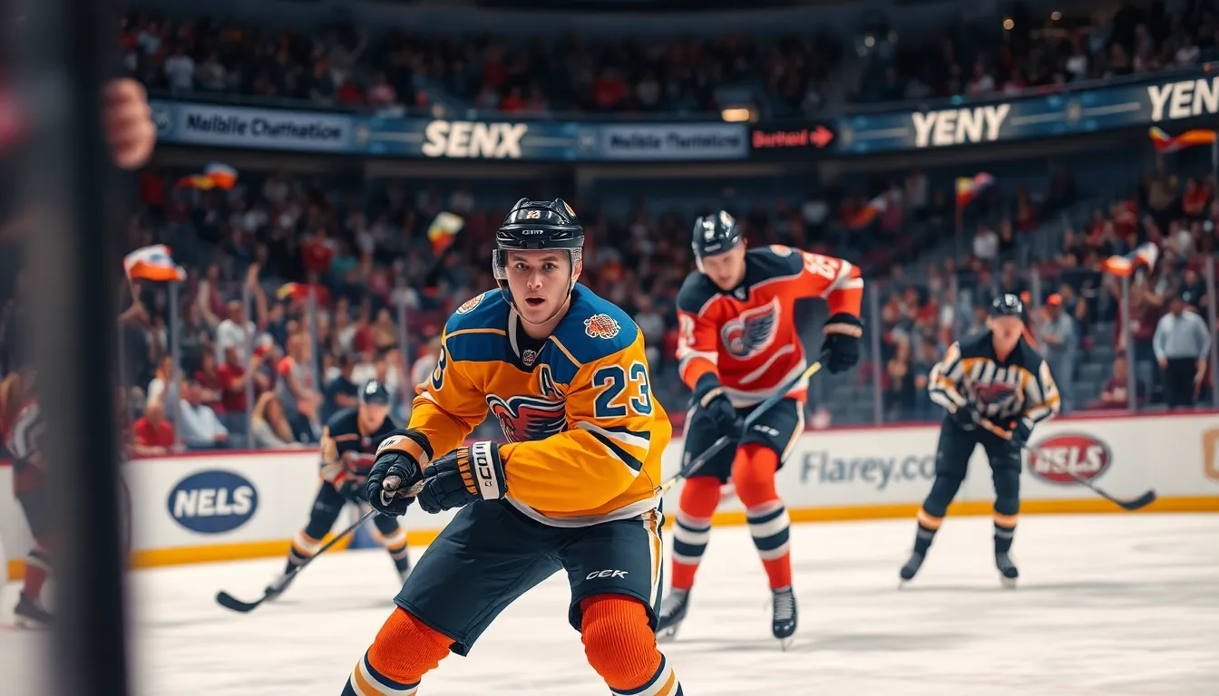 Intense NHL game with rookie and veteran players in action.