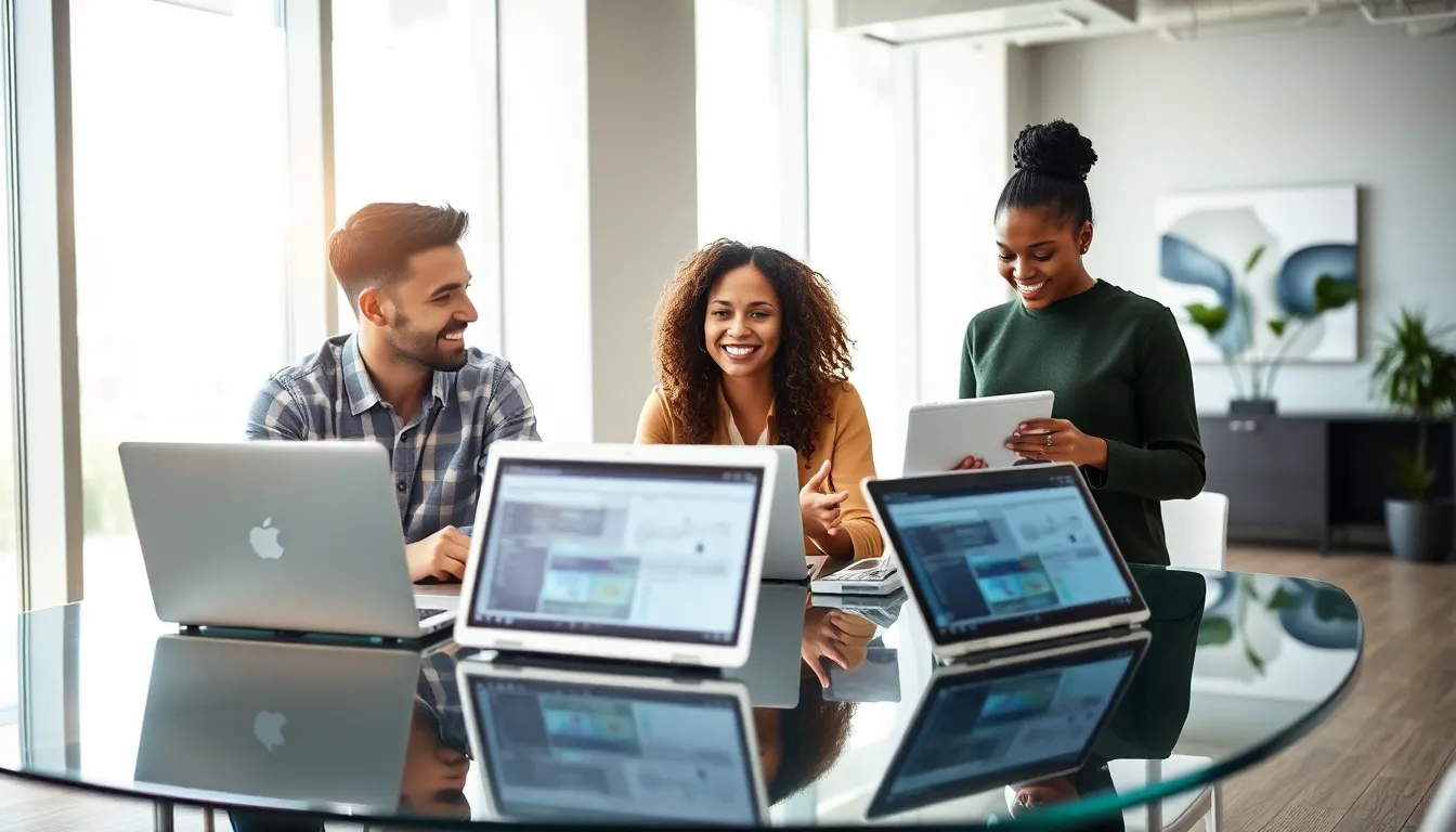 diverse team discussing SaaS solutions in a modern office.
