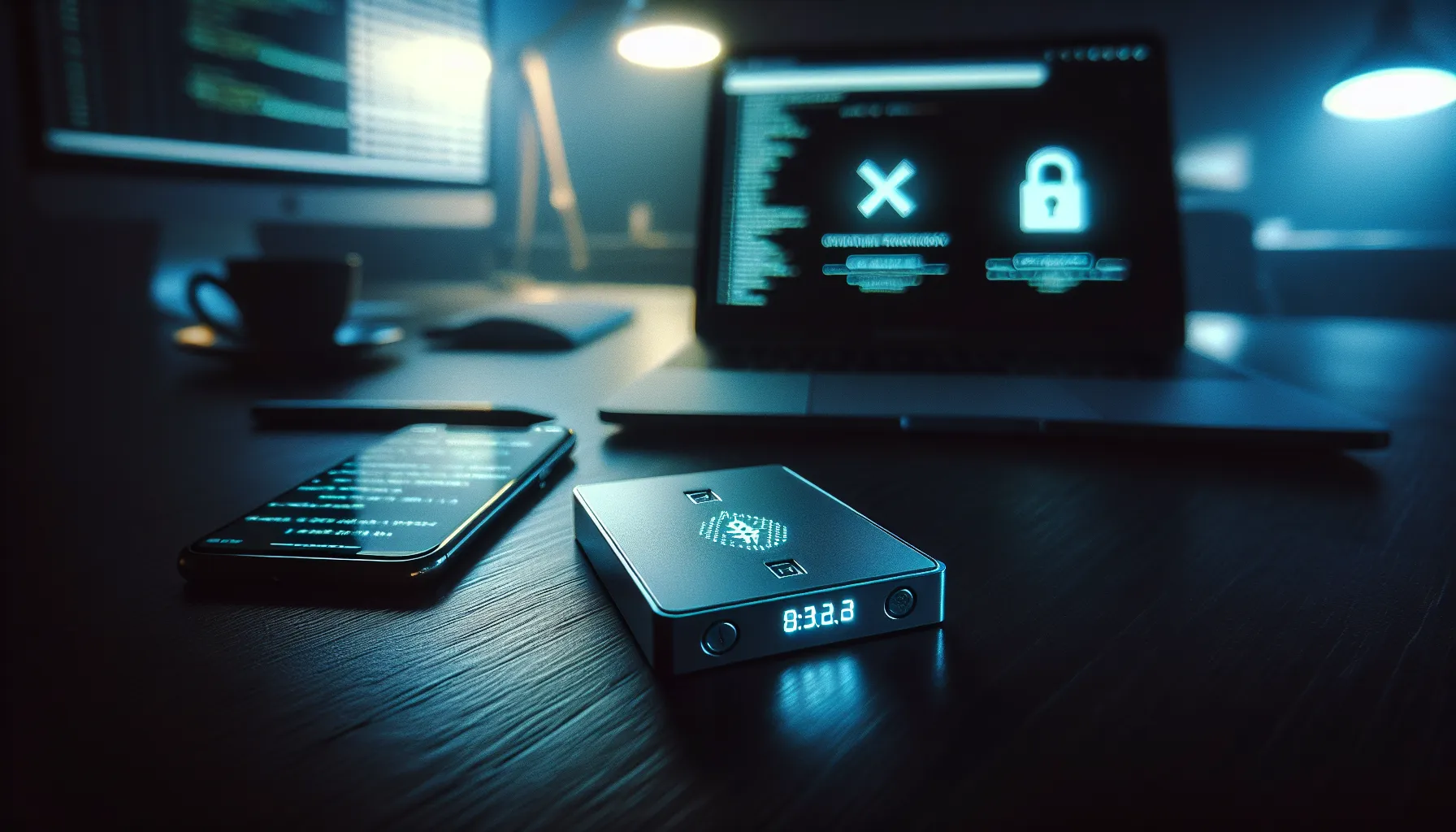 Hardware cryptocurrency wallet with privacy features on desk with laptop showing encrypted transactions.