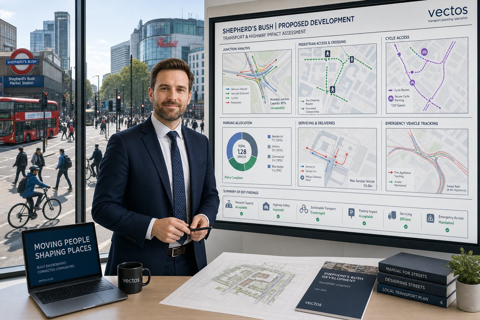 Traffic engineer reviewing transport plans in a modern Shepherd’s Bush office.
