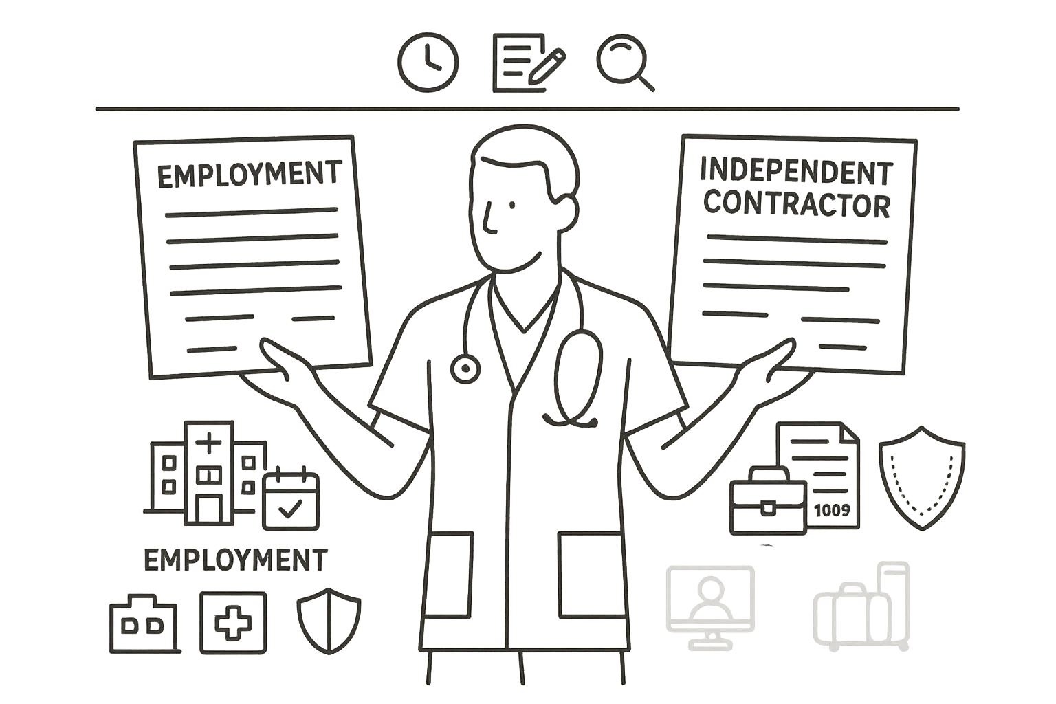 Physician assistant weighing employment versus independent contractor contract options.