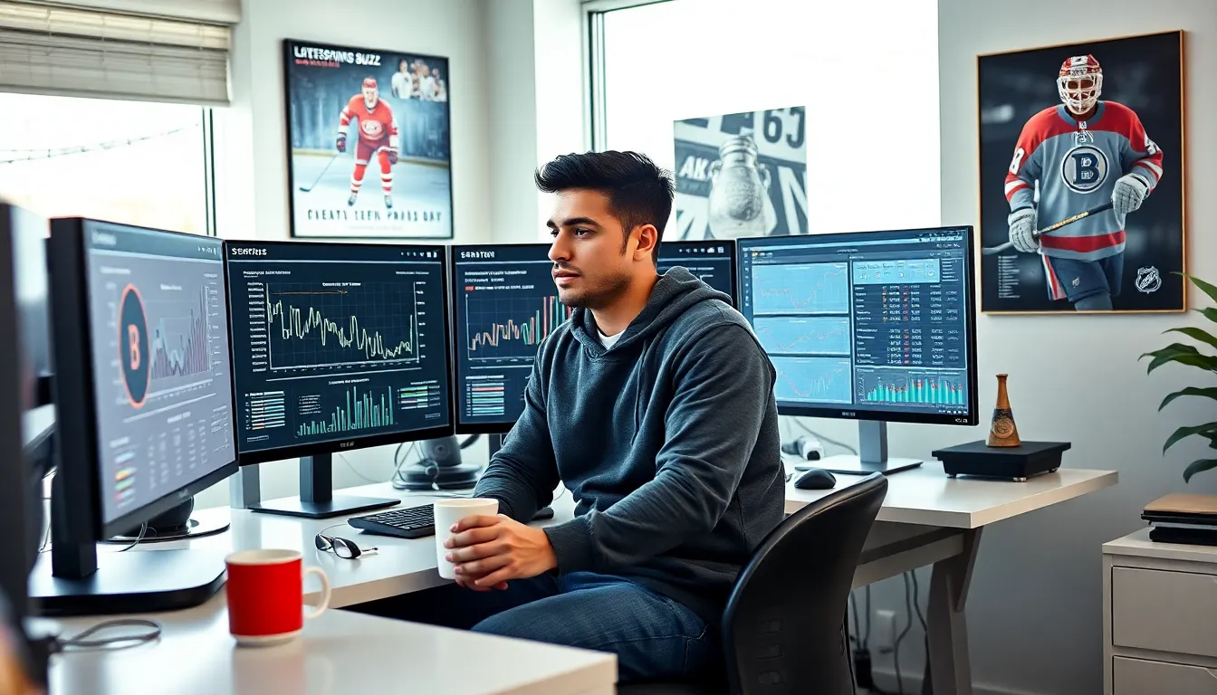 A young man analyzing hockey stats at a modern office desk.