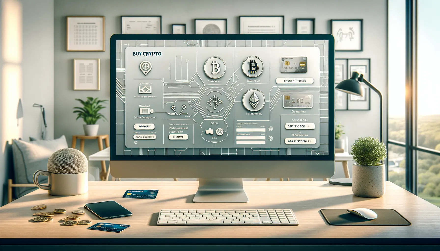 Professional purchasing cryptocurrency on digital exchange with card and bank transfer options.