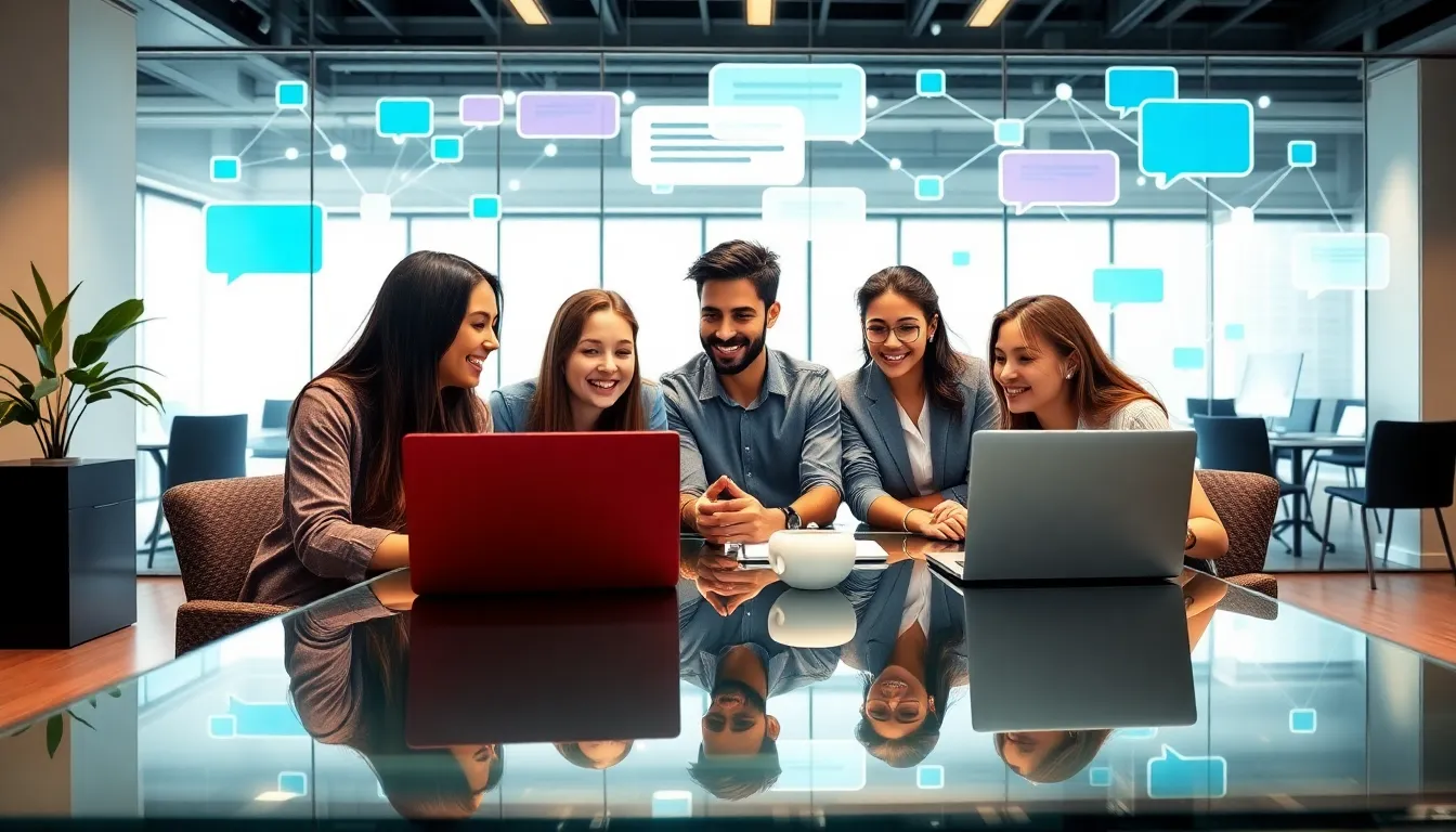 diverse professionals engaging in a lively online discussion in an office.