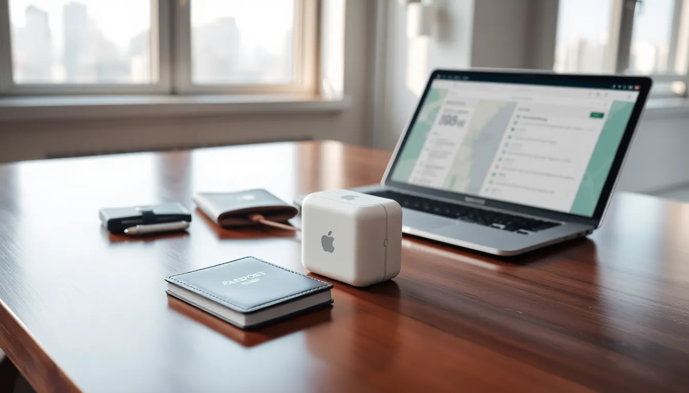 Apple travel charger on a desk with travel essentials.