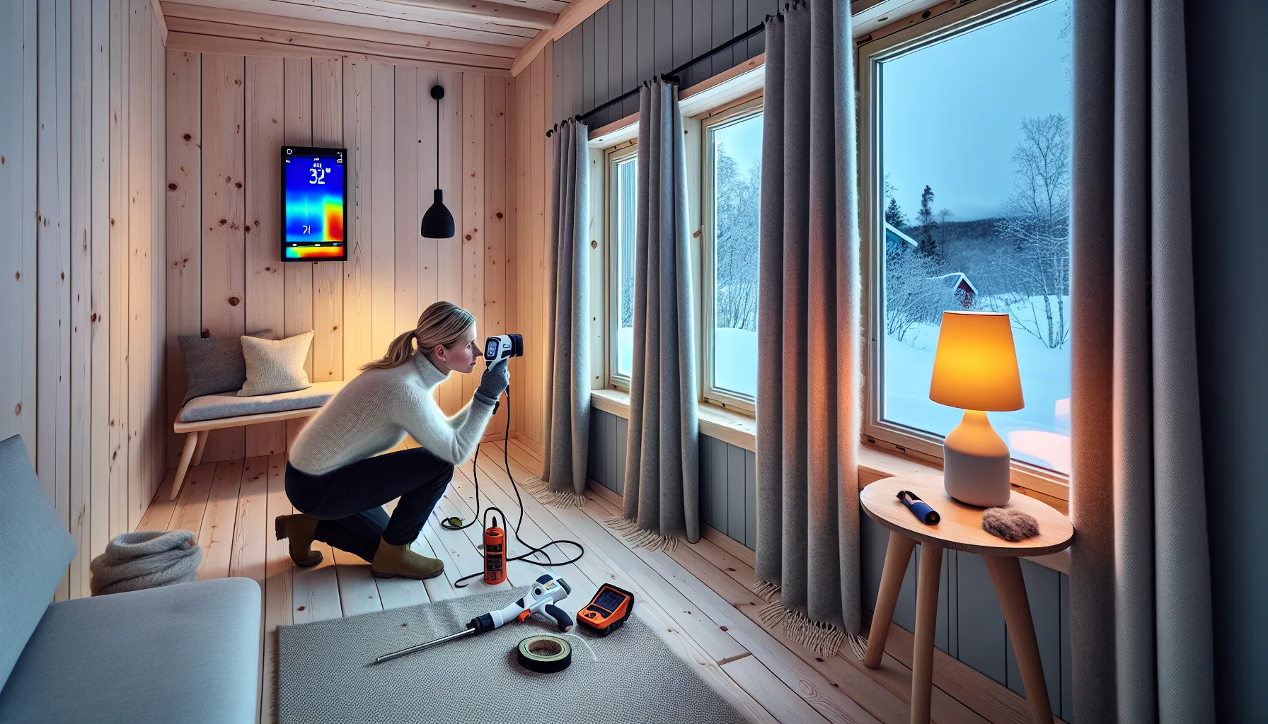 Hvordan skape en koselig atmosfære med bærekraftige oppvarmingsløsninger 3 Woman scans window with thermal camera in cozy, sustainably heated norwegian living room.