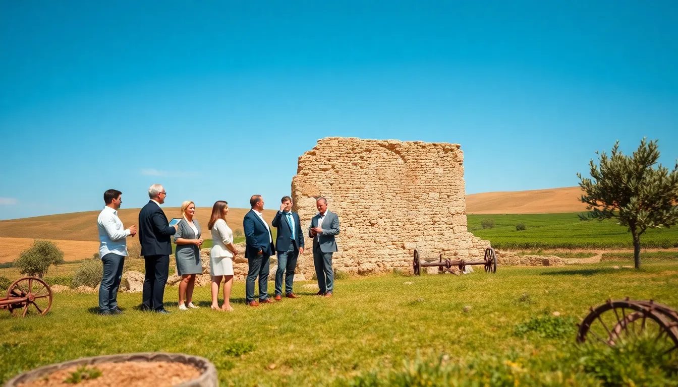 professionals discussing ancient ruins in Piane Talecce's fertile landscape.
