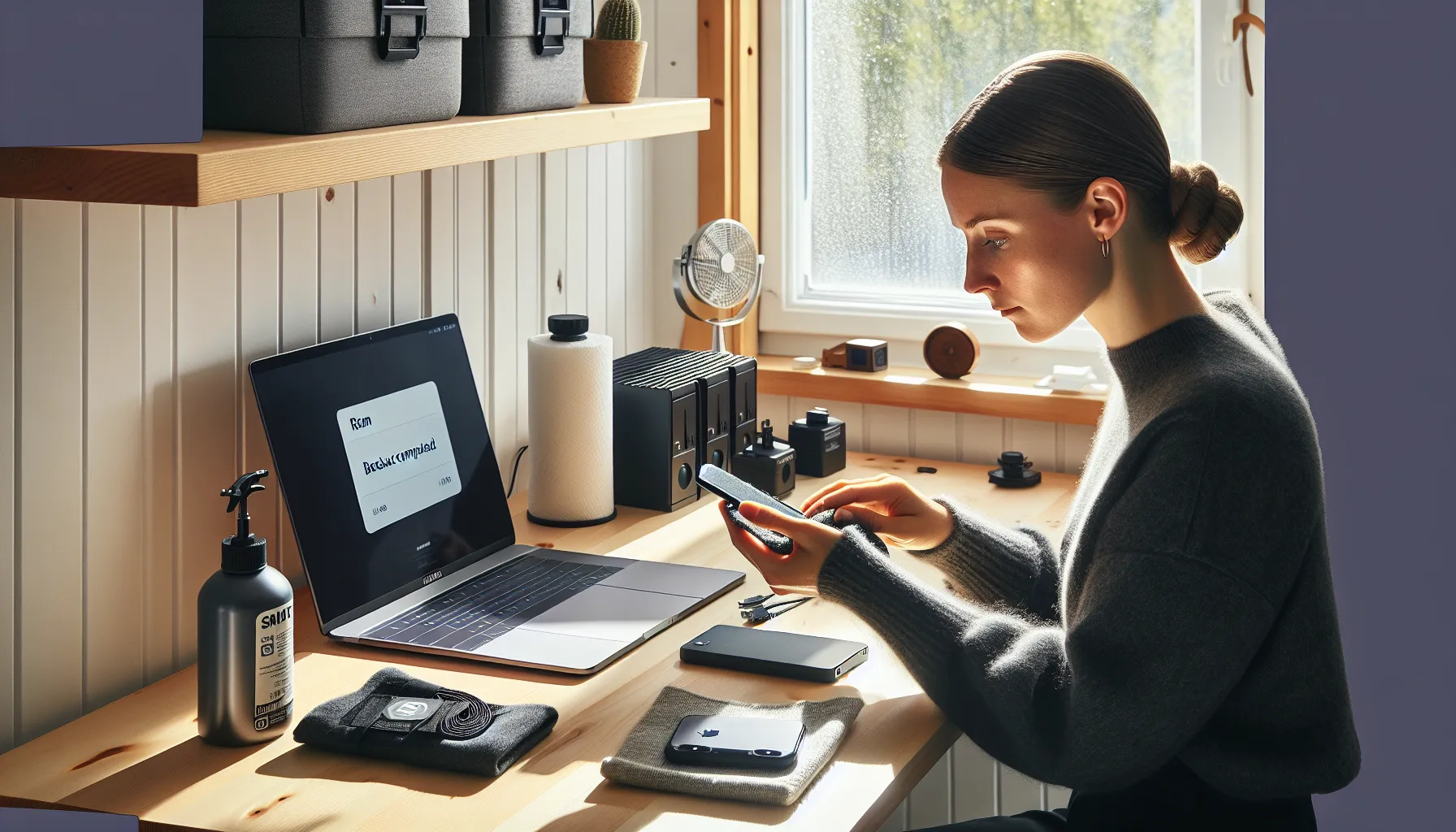 Norwegian woman cleaning and organizing electronics with antistatic bags and labels.