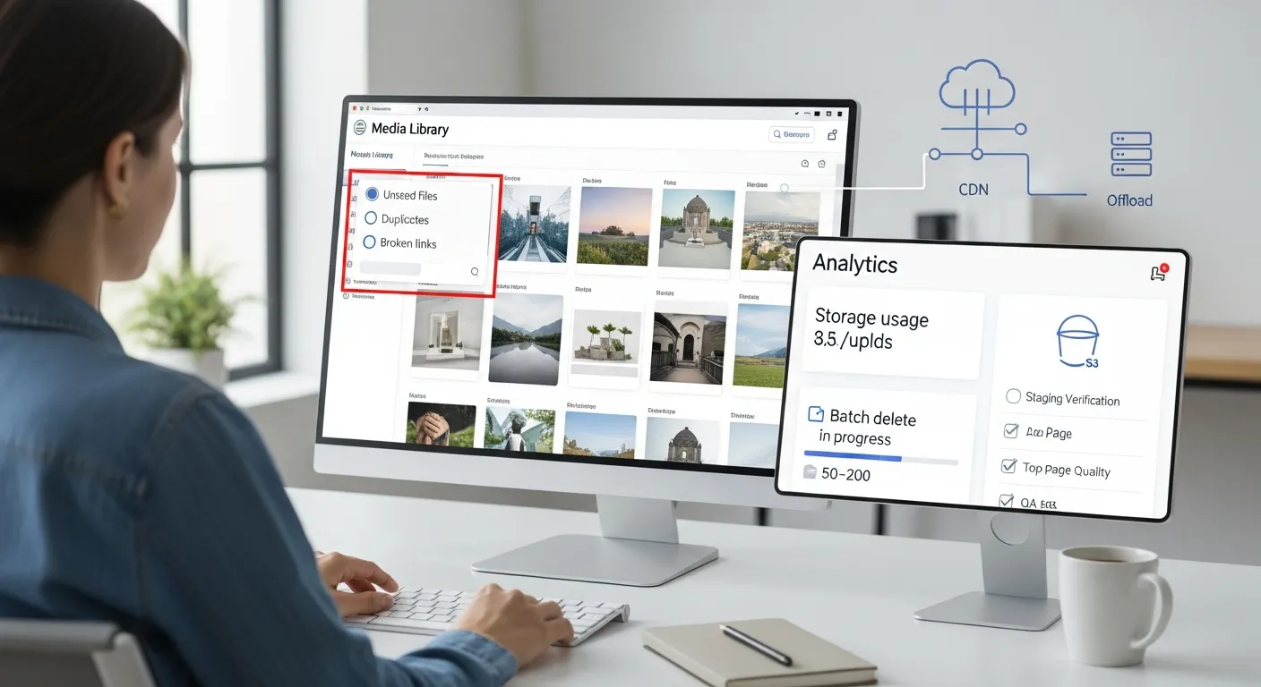 Professional reviewing WordPress media library cleanup, duplicates, broken links, and storage options.