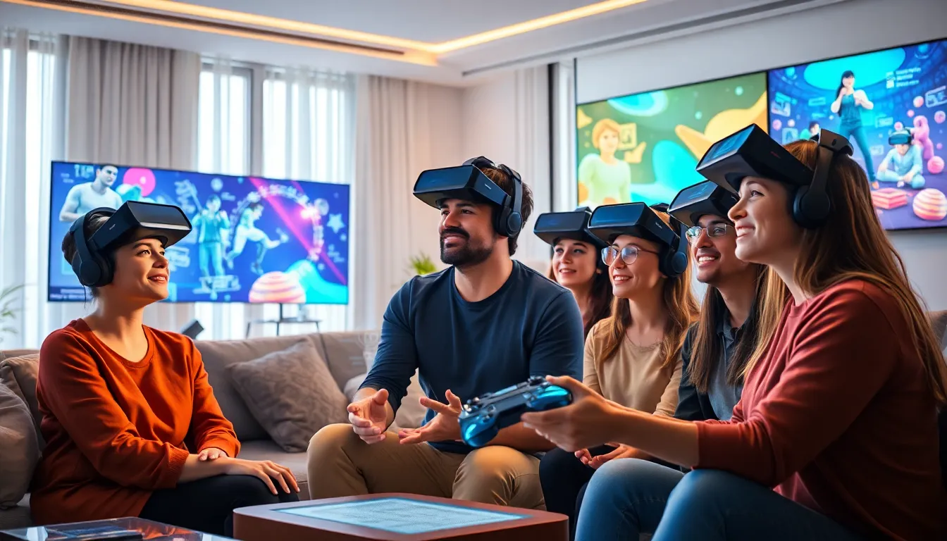 diverse group immersed in an interactive gaming experience.