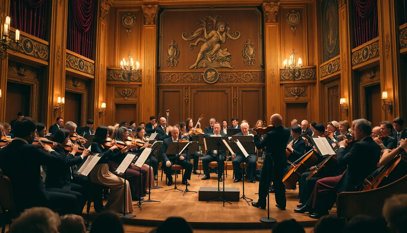 diverse orchestra performing Classical music in an elegant concert hall.