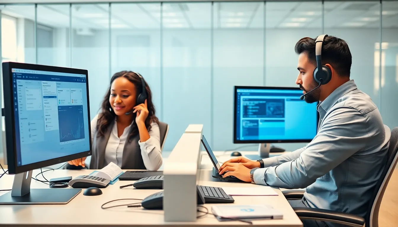 diverse help desk technicians assisting users in a modern office.